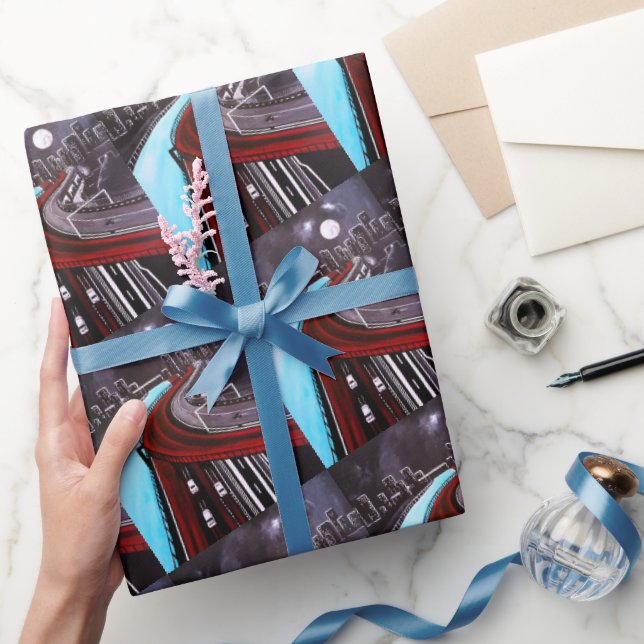 Über dem blauen Gemälde von Alfred Fox schwebend Geschenkpapier (Schenken)