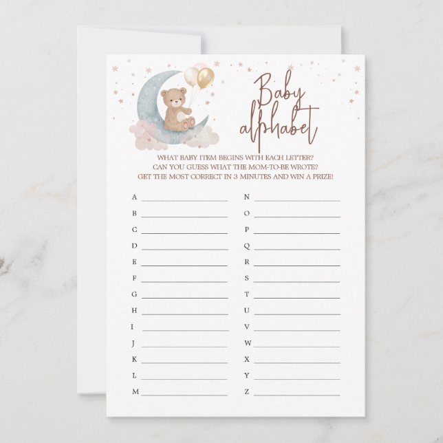 Über dem Mond ABC Baby Alphabet Game Card Einladung (Vorderseite)