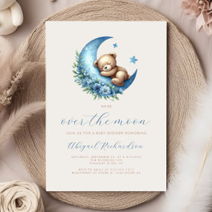 Über dem Mond Aquarell-Bär Blau Junge Baby-Party Einladung