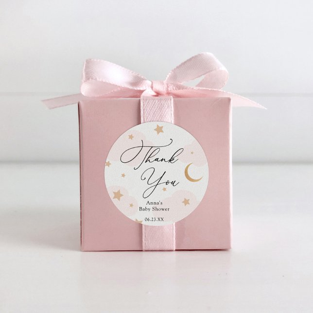 Über dem Mond Baby Duschgeschenk Runder Aufkleber (Von Creator hochgeladen)