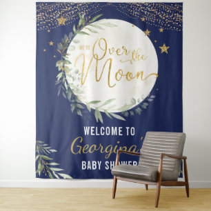 Über dem Mond Baby Duwer Navy Blue Gold Willkommen Wandteppich