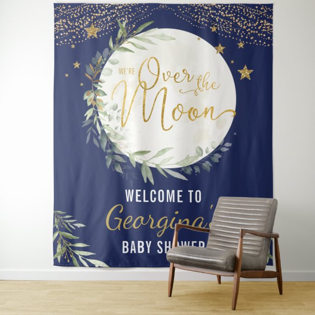 Über dem Mond Baby Duwer Navy Blue Gold Willkommen Wandteppich (Beispiel)