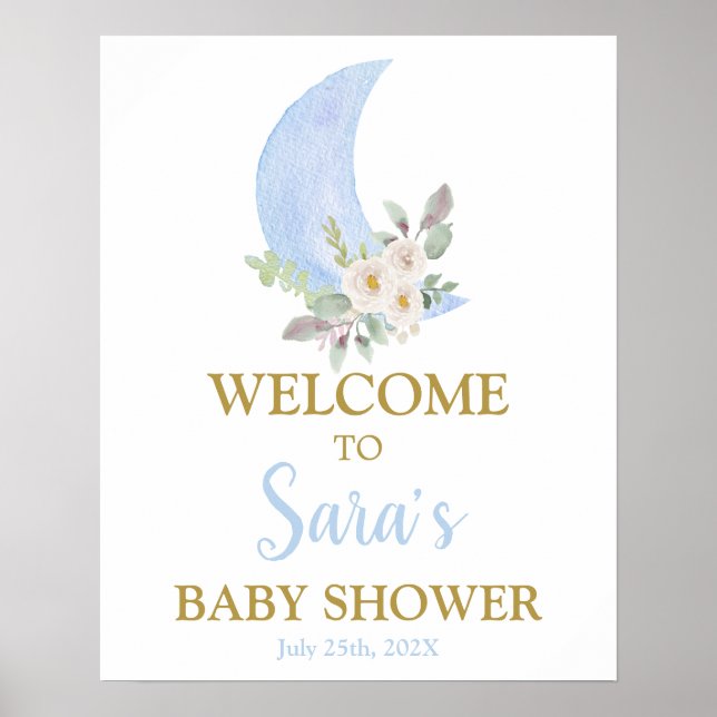 Über dem Mond Baby Shower Boy Begrüßungsschild Poster (Vorne)