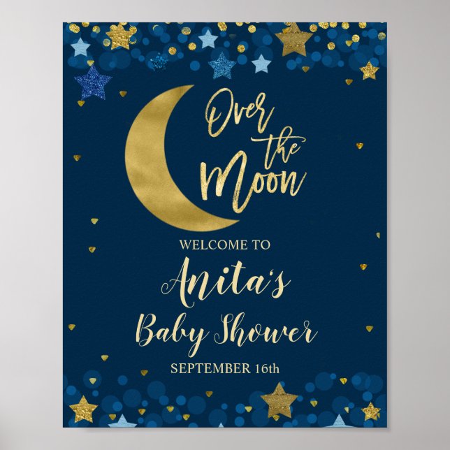 Über dem Mond Baby Shower Gold Glitzer Willkommen Poster (Vorne)