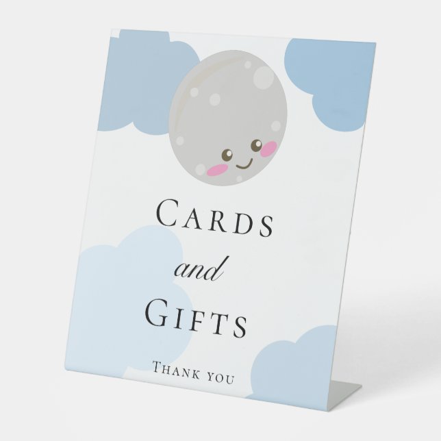 Über dem Mond Babyduschkarten & Geschenkschild Sockelschild (Vorderseite)