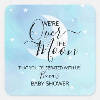 Über dem Mond Blau Danke, Baby Dusche Quadratischer Aufkleber