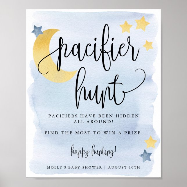Über dem Mond, Blue Baby Shower Schnuller Jagd Spi Poster (Vorne)