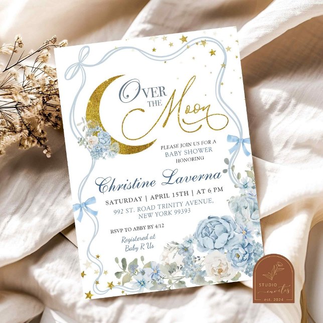 Über dem Mond Blue Bow Hydrangea Babydusche Einladung (Von Creator hochgeladen)