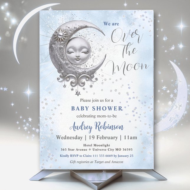 Über dem Mond Blue Boy Baby Dusche Einladung (Over The Moon Blue Boy Baby Shower Invitation)