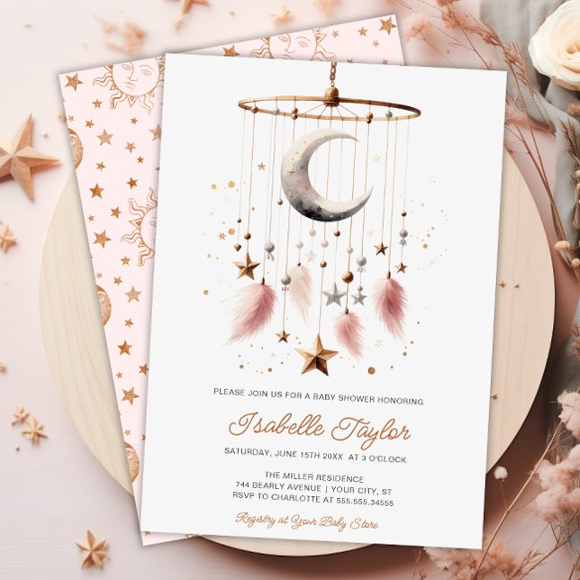 Über dem Mond Boho Celestial Girl Babydusche Einladung (Over the Moon Boho Celestial Girl Baby Shower Invitation)
