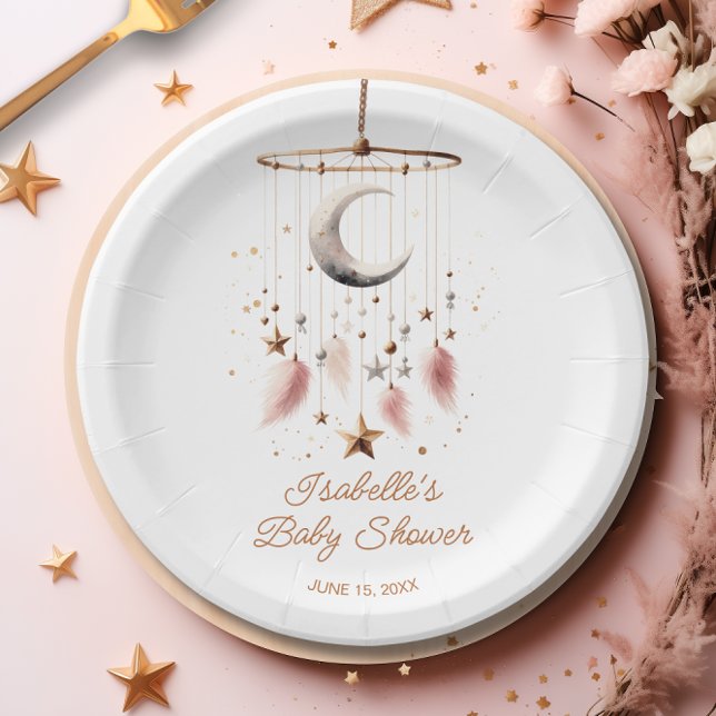 Über dem Mond Boho Celestial Girl Babydusche Pappteller (Over the Moon Boho Celestial Girl Baby Shower Paper Plates)