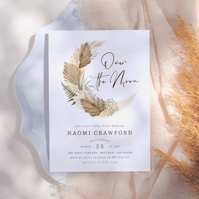 Über dem Mond Boho Palm & Pampas Grass Baby Dusche Einladung (Von Creator hochgeladen)