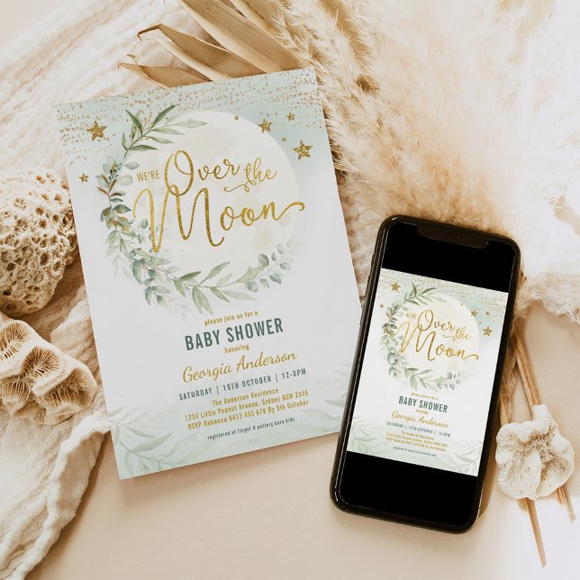 Über dem Mond | Dreamy Greenery Gold Baby Shower Einladung (Von Creator hochgeladen)