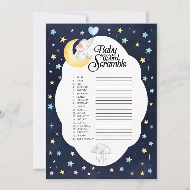 Über dem Mond Elephant Baby Word Scramble Game Einladung (Vorderseite)