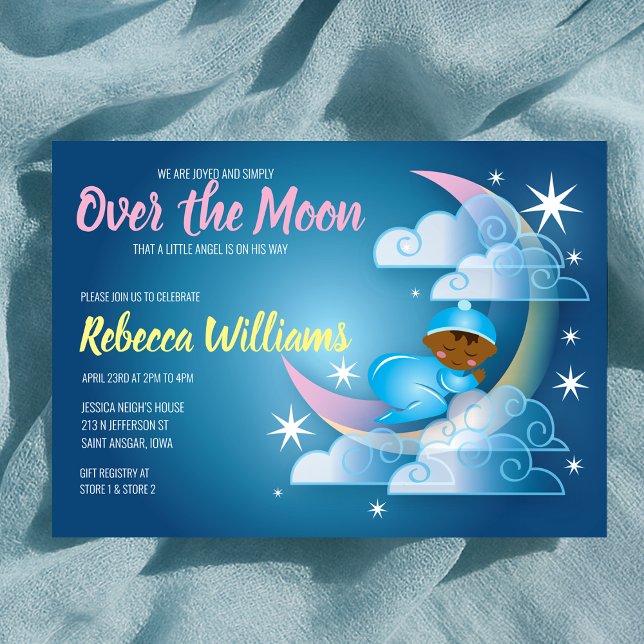 Über dem Mond geklatschte Babydusche - dunkle Haut Einladung (Over The Moon Cradled Baby Shower - Darker Skin Invitation)