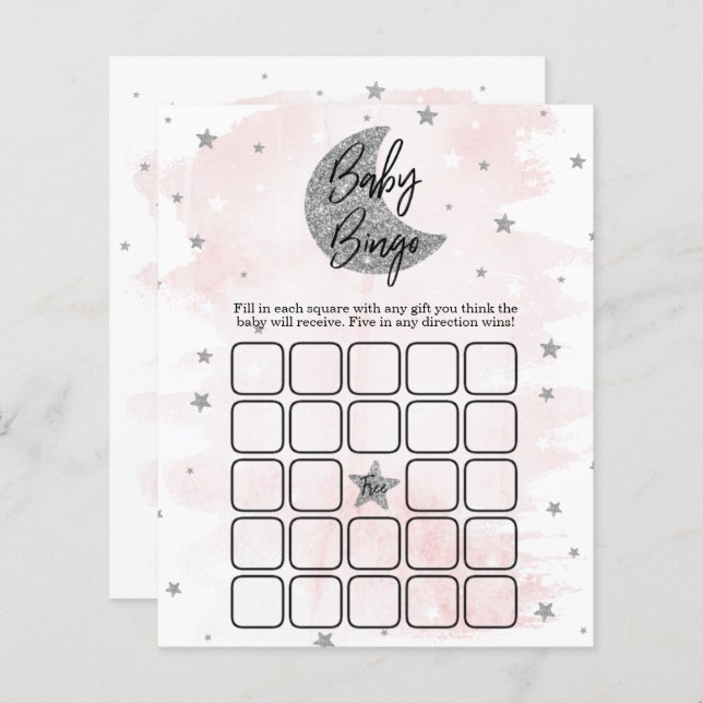 Über dem Mond | Girls Baby Shower Bingo (Vorne/Hinten)