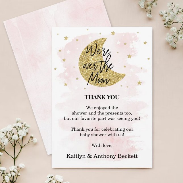 Über dem Mond | Girls Baby Shower Dankeskarte (Von Creator hochgeladen)