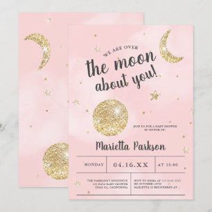 Über dem Mond goldener Glitzer pinkfarbene Wolken  Einladung