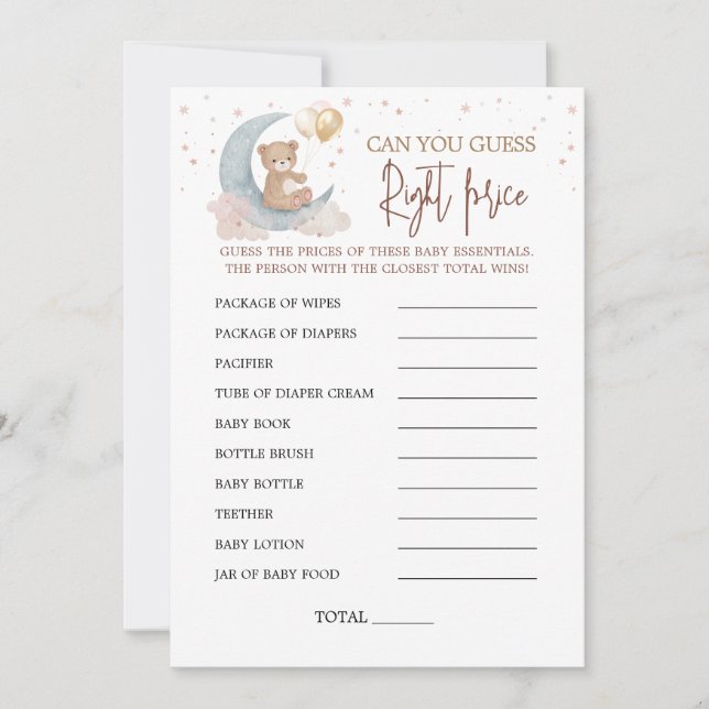 Über dem Mond Guess Richtige Preis Spielkarte Einladung (Vorderseite)