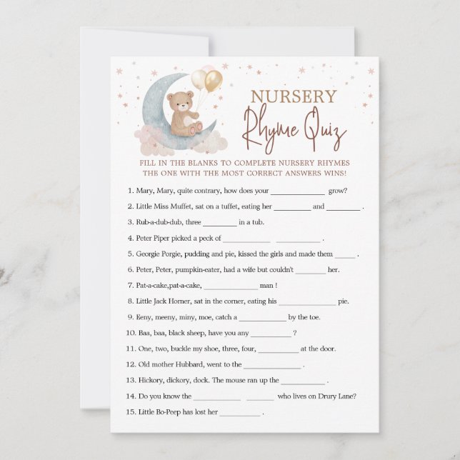 Über dem Mond Kinderzimmer Rhyme Quiz Game Card Einladung (Vorderseite)
