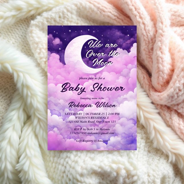Über dem Mond lila rosa Babydusche Einladung (Over the moon purple pink girl baby shower invitation template galaxy stars moon baby shower invite)