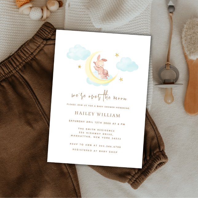 Über dem Mond Minimalistische kleine, sonnige Baby Einladung (Over The Moon Minimalist Little Bunny Baby Shower Invitation)