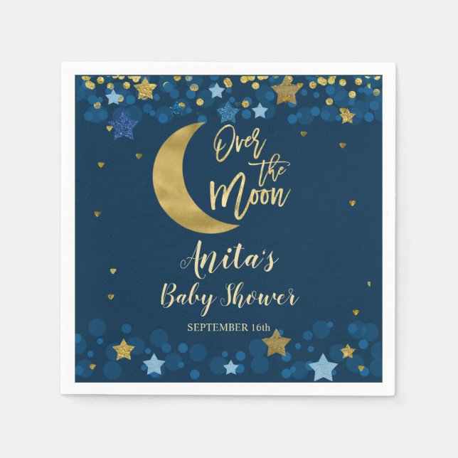 Über dem Mond Navy Baby Shower Gold Glitzer Serviette (Vorderseite)