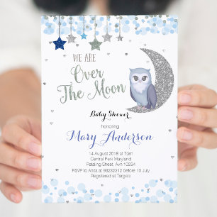 Über dem Mond Owl Baby Dusche Einladung blau