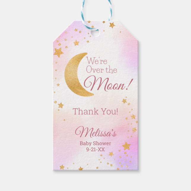 Über dem Mond Pink Girl Babydusche Danke Geschenkanhänger (Vorderseite)