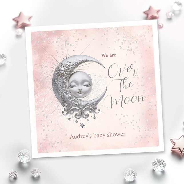 Über dem Mond Pink Girl Babydusche Napkins Serviette (Over The Moon Pink Girl Baby Shower Napkins)