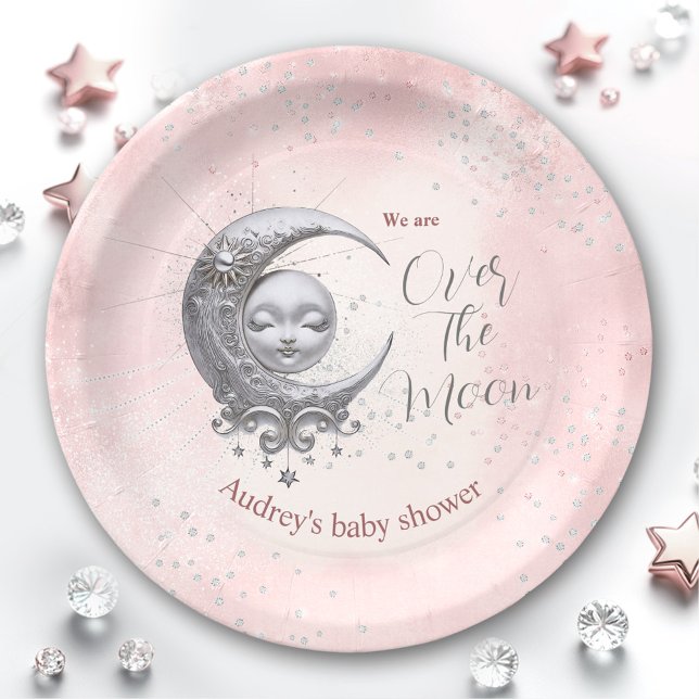 Über dem Mond Pink Girl Babydusche Teller (Over The Moon Pink Girl Baby Shower Paper Plates)