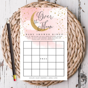 Über dem Mond Pink & Gold Baby Paper Bingo Card Flyer