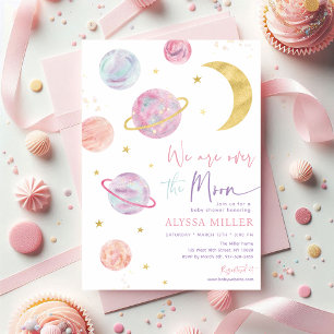 Über dem Mond Pink Space Girl Babydusche Einladung