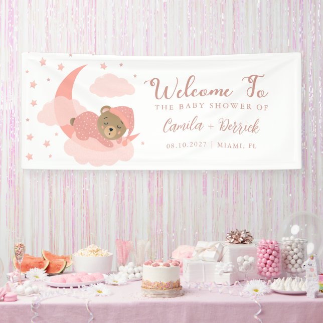 Über dem Mond schlafende Bärenbaby Begrüßungszeich Banner (Party)