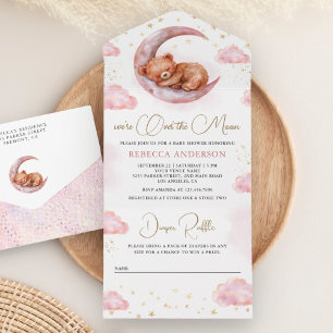 Über dem Mond schlafender Teddybär Rosa Babyparty All In One Einladung