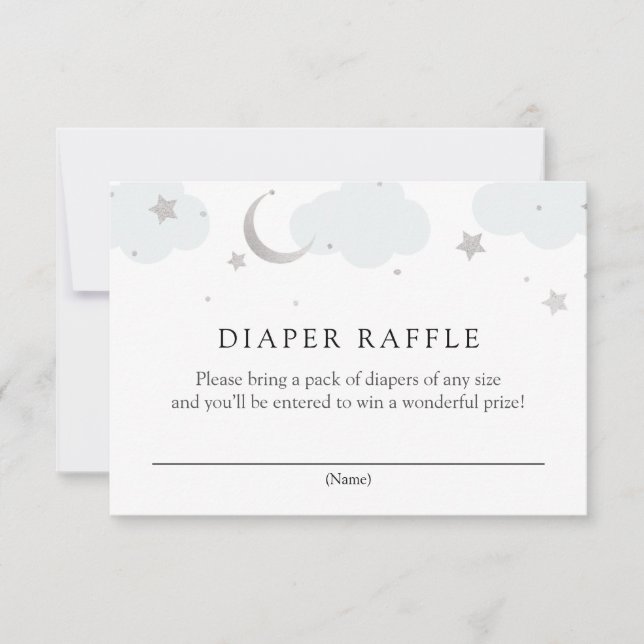 Über dem Mond Silver Blue Diaper Raffle Card Einladung (Vorderseite)