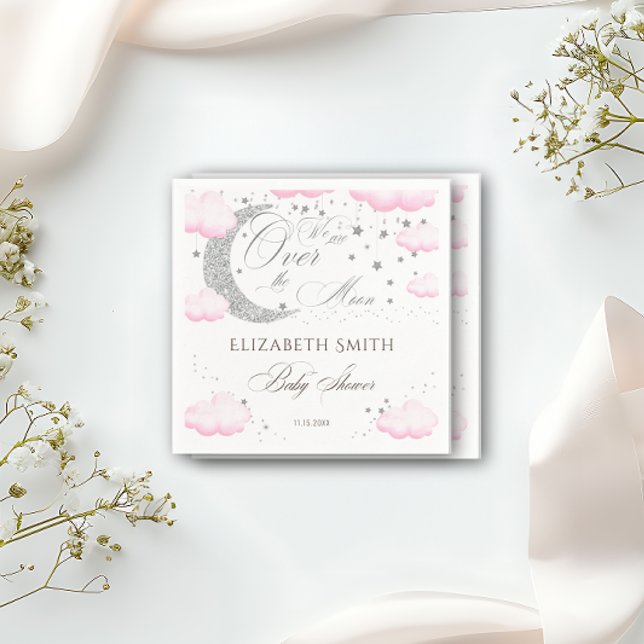 Über dem Mond Silver Pink Girl Babydusche Serviette (Von Creator hochgeladen)