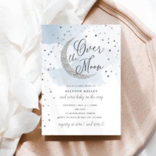 Über dem Mond Silver Stars Blue Baby Dusche Einladung