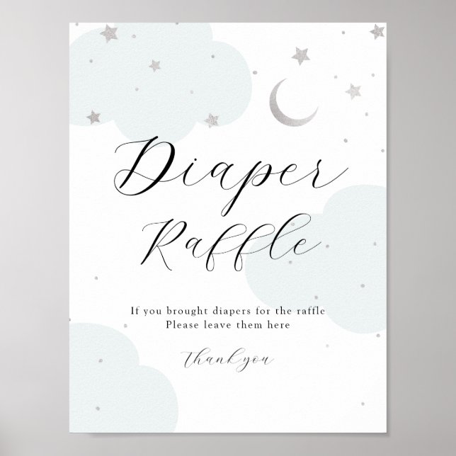 Über dem Mond Silver und Blue Diaper Raffle Sign Poster (Vorne)