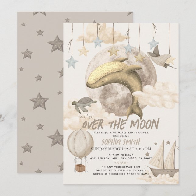 Über dem Mond Whale Boho Babydusche Einladung (Vorne/Hinten)