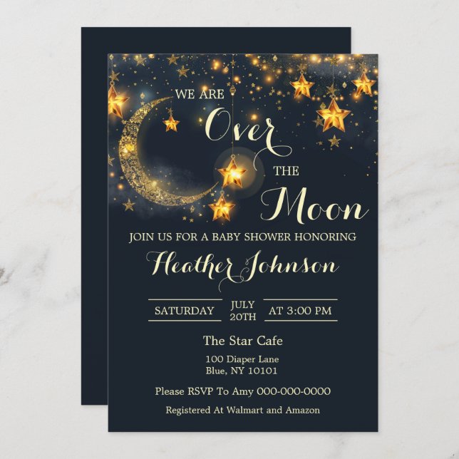 Über dem Mond Whimsical Neutral Baby Dusche Einladung (Vorne/Hinten)
