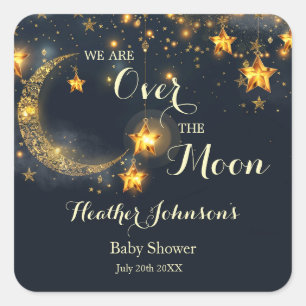 Über dem Mond Whimsical Neutral Baby Dusche Quadratischer Aufkleber