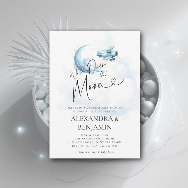 Über dem Mond Wolken Airplane Coed Baby Boy Dusche Einladung (over the moon baby shower invitation boy toy airplane moon stars watercolor cute adorable)