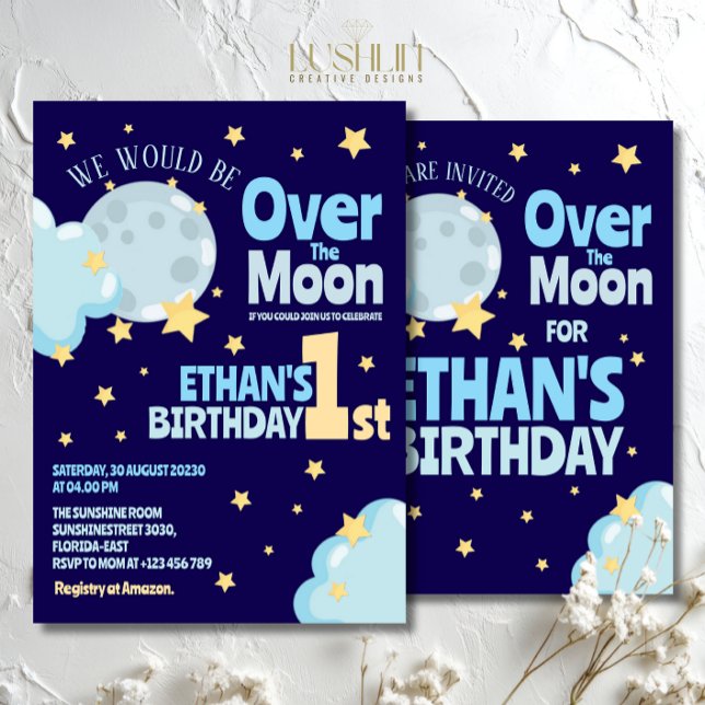 Über dem Mond zum Geburtstag Whimsical Celestial P Einladung (Von Creator hochgeladen)