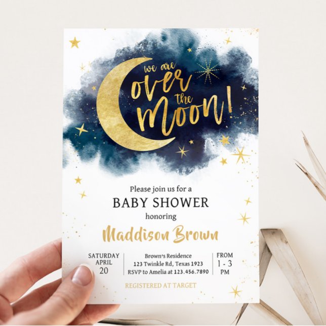 Über dem Moon Gold Stars Blue Baby Dusche Einladung (Blue Twinkle Little Star Baby Shower Invitation)