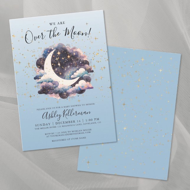 Über dem Moon Gold Stars Blue Baby Dusche Einladung (Over the Moon Gold Stars Blue Baby Shower Invitation )