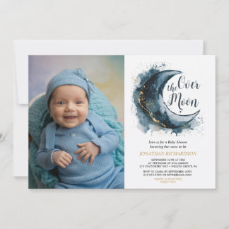 Über dem Moon Gold Stars Blue Baby Dusche Einladung