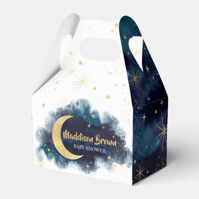 Über dem Moon Gold Stars Blue Baby Dusche Geschenkschachtel (Vorderseite)