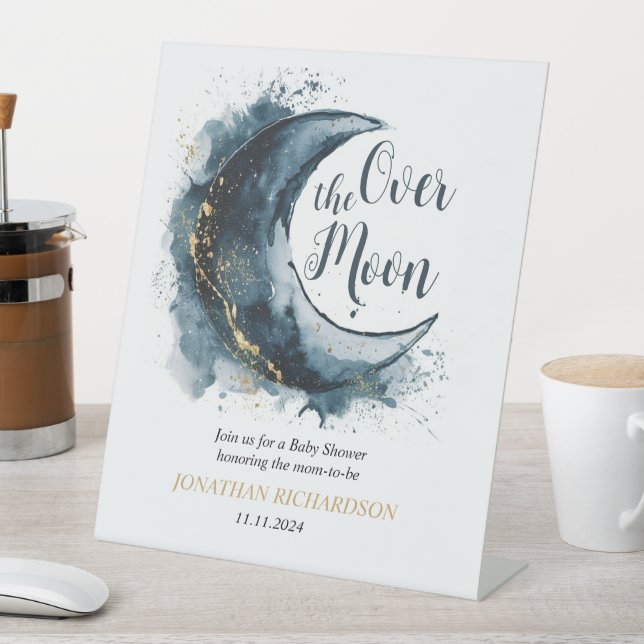 Über dem Moon Gold Stars Blue Baby Dusche Sockelschild (In Situ)