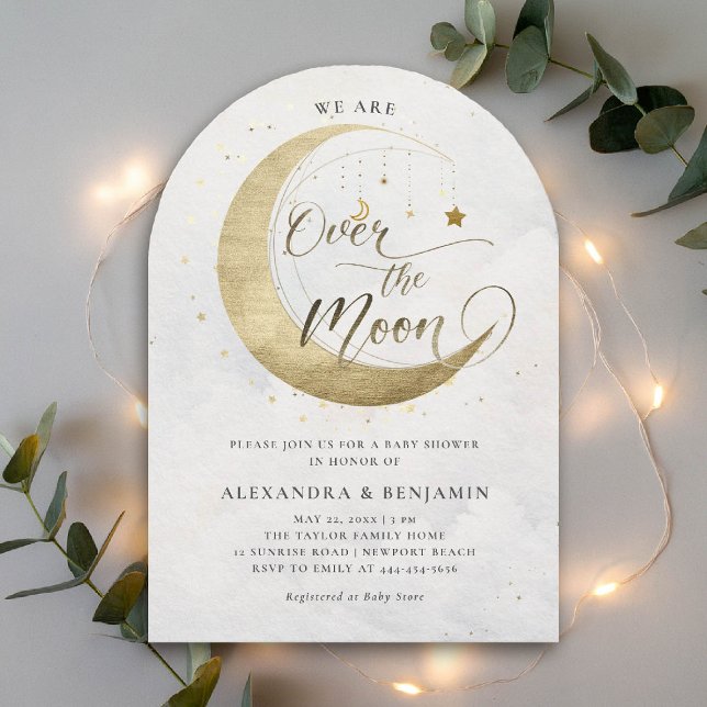 Über dem Moon Gold Stars White Sky Babydusche Einladung (over the moon baby shower invitation arch white sky gold stars mobile celestial astrology twinkle)